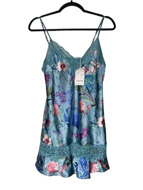 In Bloom By Jonquil Floral Satin Chemise Lace Trim Slip Nightgown Blue Small NWT